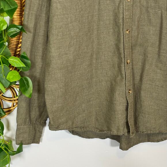 Olive Linen Blend Long Sleeve Button Shirt Relaxed Fit Top | Soft Autumn - Picture 6 of 8